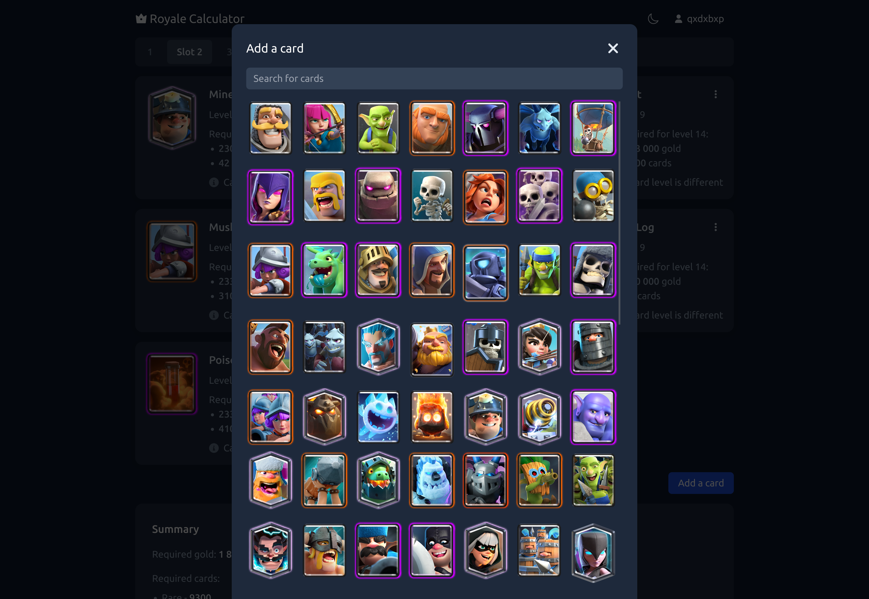 List of cards in the app UI